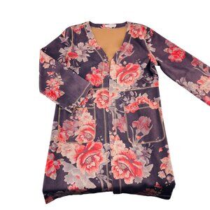 Solitaire Floral Print Women's Cardigan Duster size Small Brown Pink Long pocket